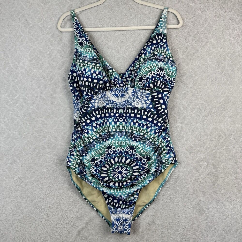 Garnet Hill Mandala One Piece Swimsuit Womens 14 Blue Plunge Convertible Boho